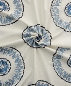 Indigo Blue Circle  Embroidered Faux Linen Fabric