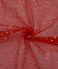 Red-Silver Metallic Star Stretch Sheer Fabric