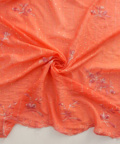 Coral Hologram & Embroidered Border Chiffon Fabric 1044