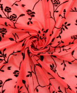 Cherry Velvet Flocked Sparkle Stretch Sheer Fabric 3021